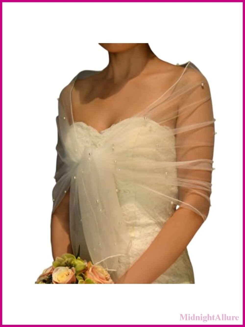 Bridal Tulle Shawl with Pearls - Women's Evening Wrap